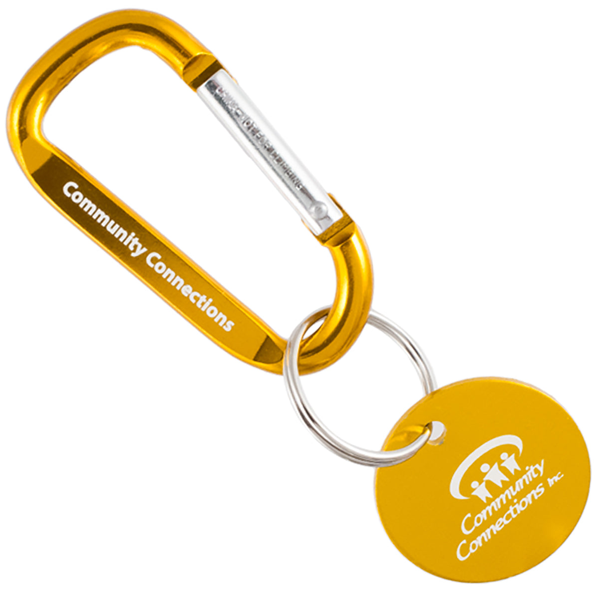 Gold colored carabiner and medallion with custom engraving