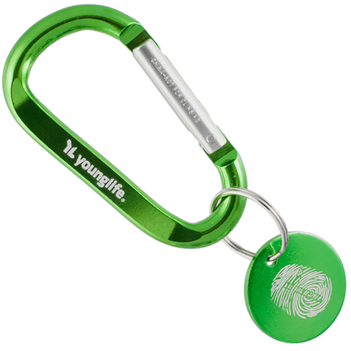 Green colored carabiner and medallion with custom engraving
