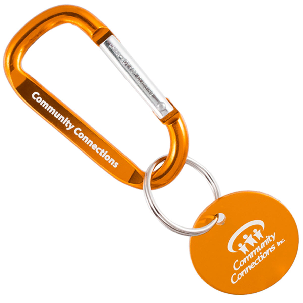 Orange colored carabiner and medallion with custom engraving