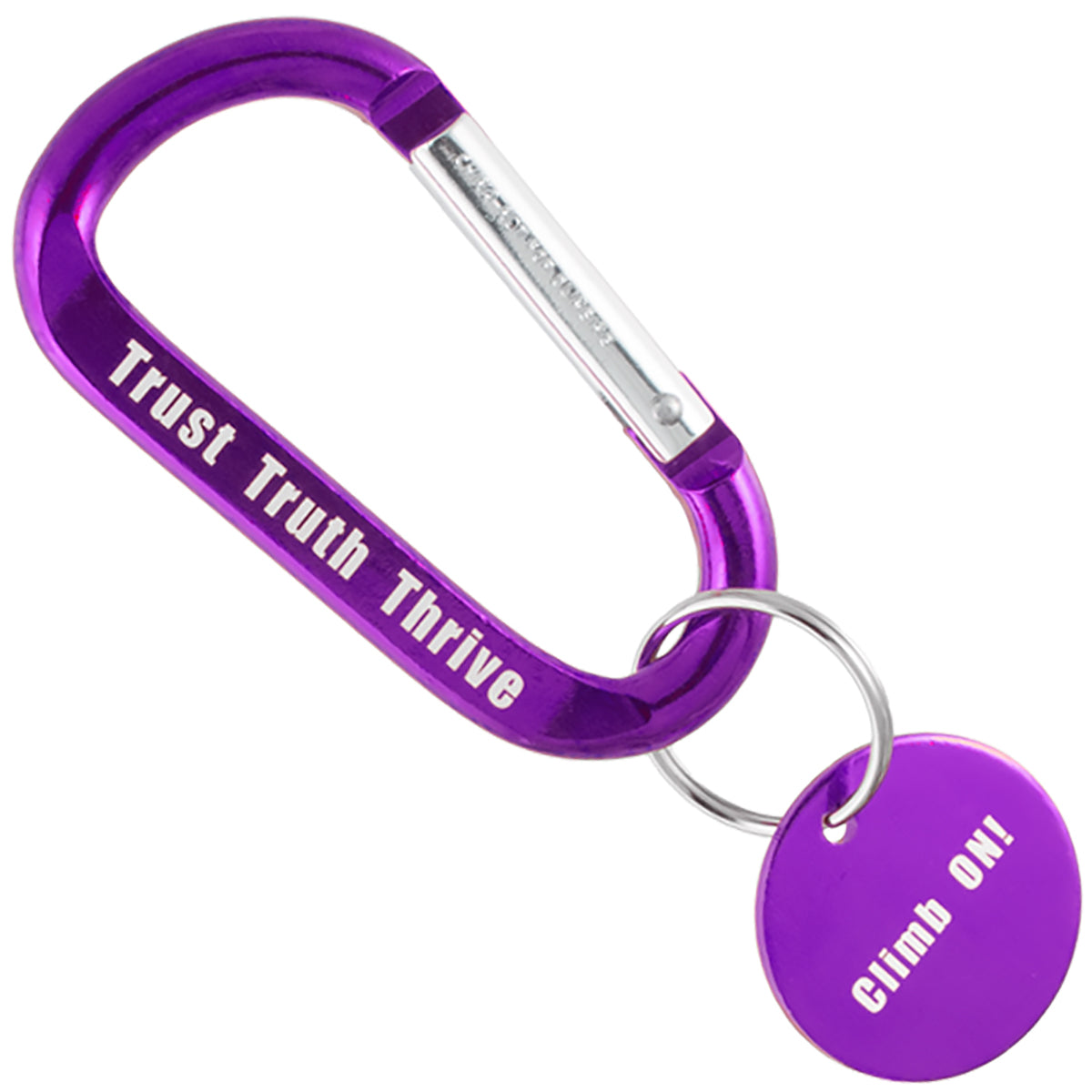 Purple colored carabiner and medallion with custom engraving