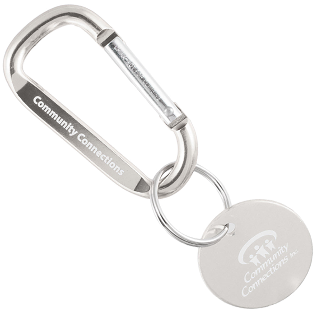 Silver colored carabiner and medallion with custom engraving
