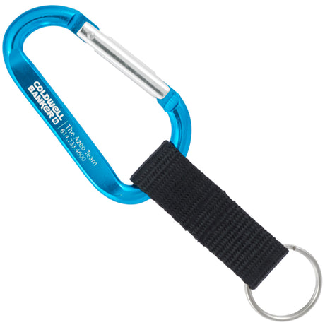 Brilliant blue colored carabiner with custom engraving and black nylon strap key ring attachment