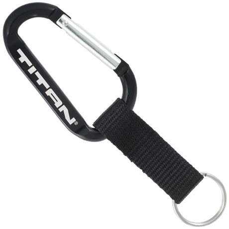 Black colored carabiner with custom engraving and black nylon strap key ring attachment