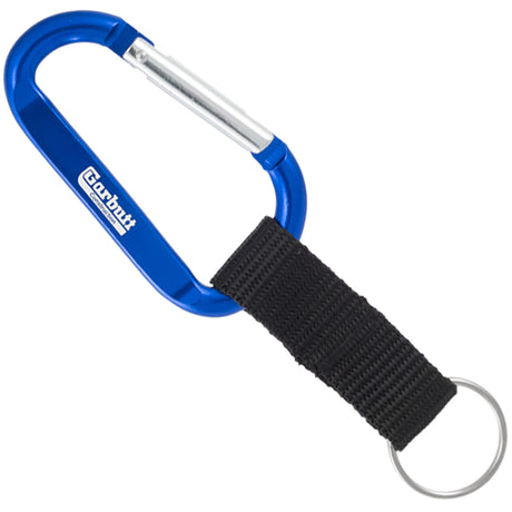 Blue colored carabiner with custom engraving and black nylon strap key ring attachment