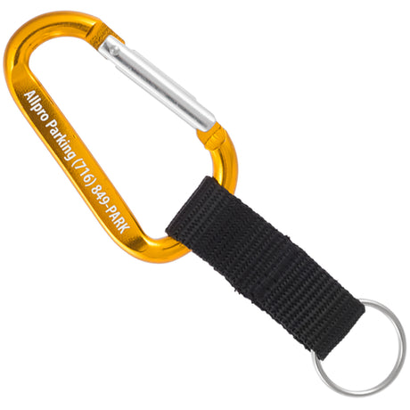 Gold colored carabiner with custom engraving and black nylon strap key ring attachment