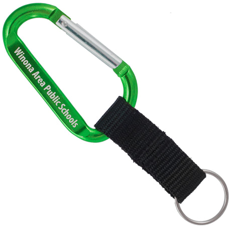 Green colored carabiner with custom engraving and black nylon strap key ring attachment