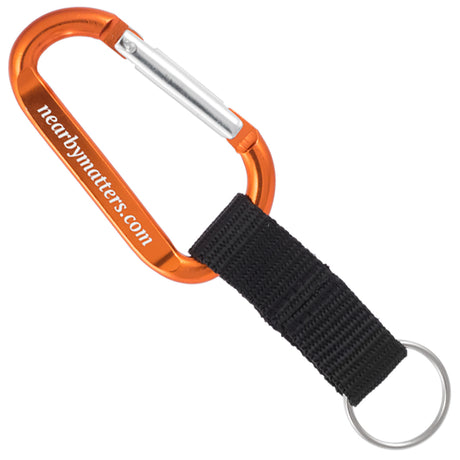 Orange colored carabiner with custom engraving and black nylon strap key ring attachment