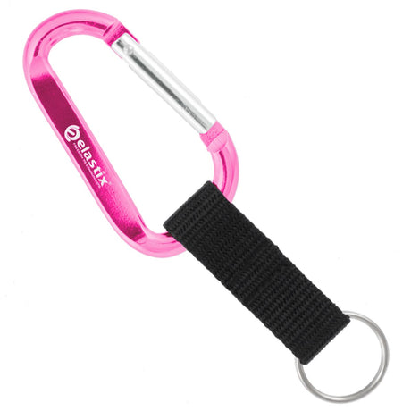 Pink colored carabiner with custom engraving and black nylon strap key ring attachment