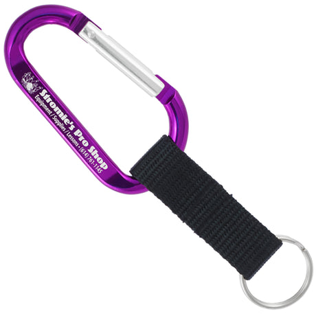 Purple colored carabiner with custom engraving and black nylon strap key ring attachment