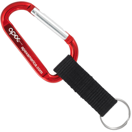 Red colored carabiner with custom engraving and black nylon strap key ring attachment