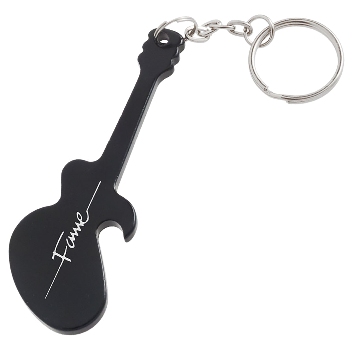 Black electric guitar shaped bottle opener keychain with a custom engraved logo