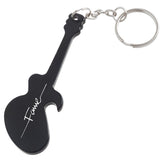 Black electric guitar shaped bottle opener keychain with a custom engraved logo