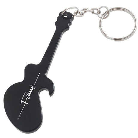 Black electric guitar shaped bottle opener keychain with a custom engraved logo