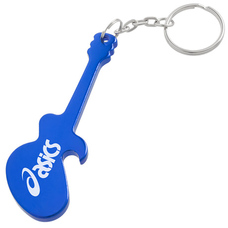 Blue electric guitar shaped bottle opener keychain with a custom engraved logo