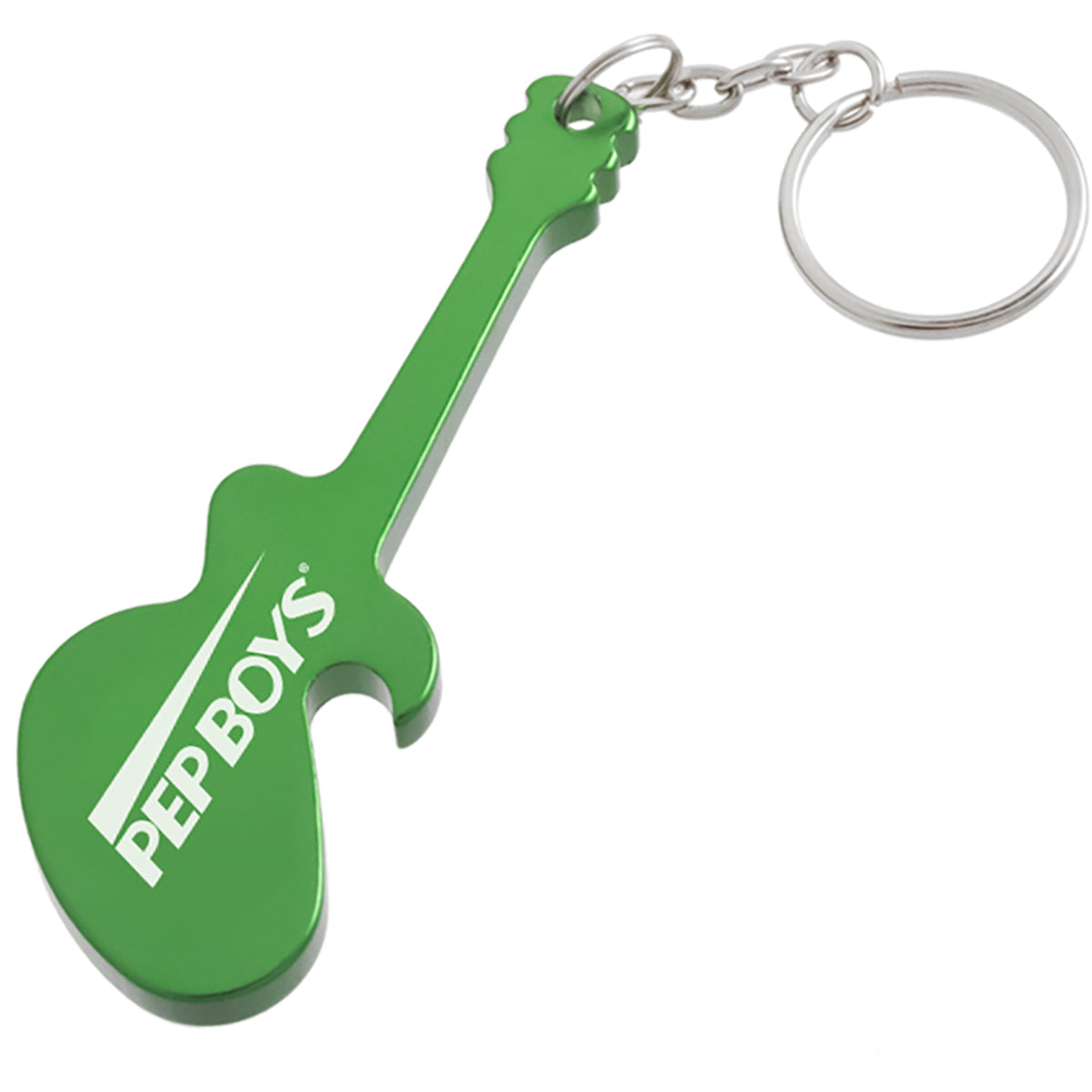 Green electric guitar shaped bottle opener keychain with a custom engraved logo