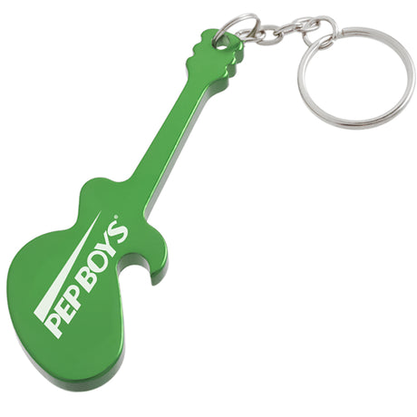 Green electric guitar shaped bottle opener keychain with a custom engraved logo