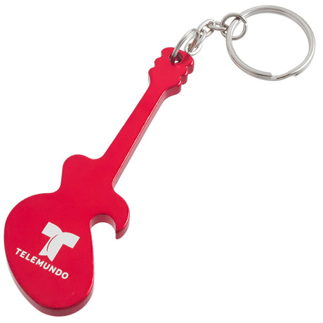 Red electric guitar shaped bottle opener keychain with a custom engraved logo