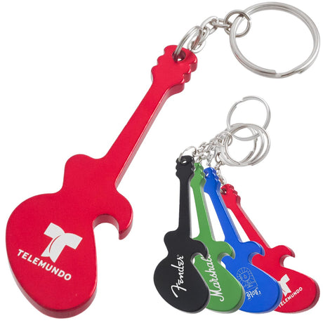 Red electric guitar shaped bottle opener keychain with a customized engraving. Also shown are additional colors of the guitar, smaller in the bottom right corner. Those are black, green, blue, and red guitar keychains.