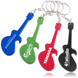 Group photo of blue, green, red, and black electric guitar shaped bottle opener keychains with custom engraved logos on each. 