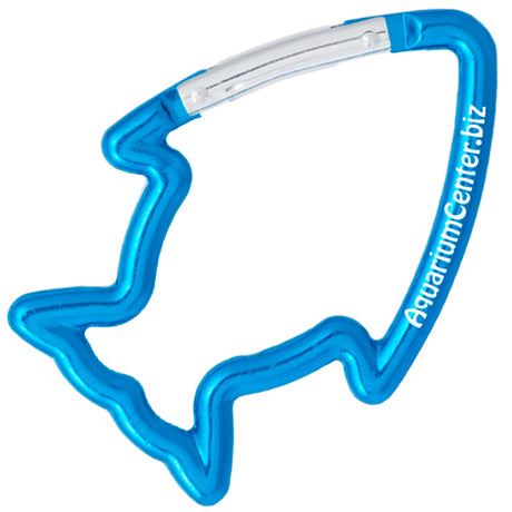 Brilliant blue colored carabiner shaped like a fish with custom engraved text