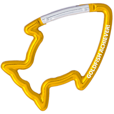 Gold colored carabiner shaped like a fish with custom engraved text