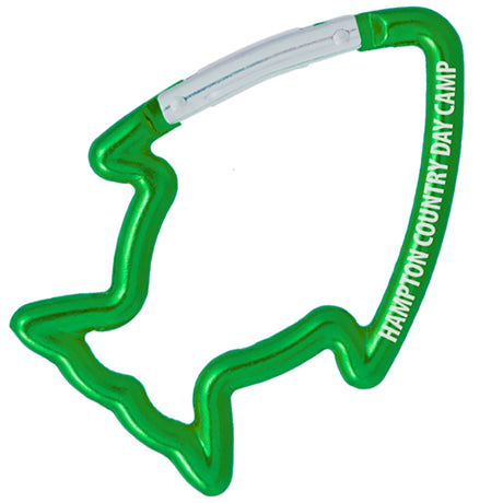 Green colored carabiner shaped like a fish with custom engraved text