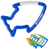 Blue fish shaped carabiner keychain clip on a white background. Other colors are shown smaller in the bottom right corner: gold, green, brilliant blue, and royal blue.