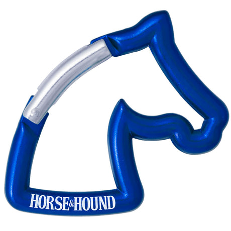 Blue carabiner shaped like a horse head with custom engraved text