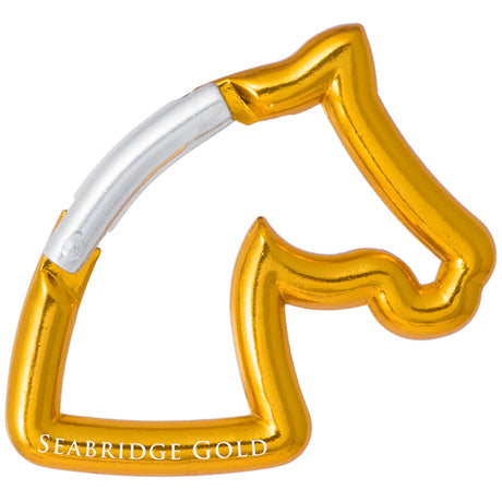 Gold carabiner shaped like a horse head with custom engraved text