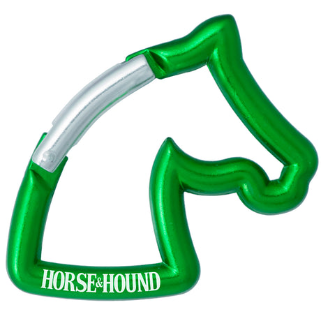 Green carabiner shaped like a horse head with custom engraved text