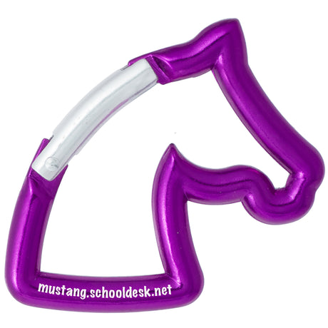 Purple carabiner shaped like a horse head with custom engraved text
