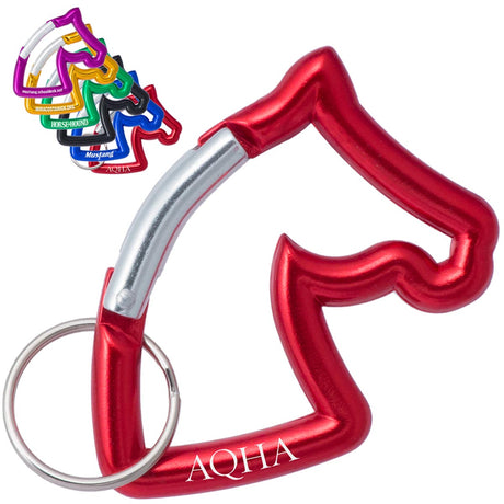 Red horse shaped carabiner keychain with key ring attached. It shows a customized engraving along the bottom edge. In the top left corner an array of other colors of the carabiner are shown: purple, gold, green, black, blue, red.