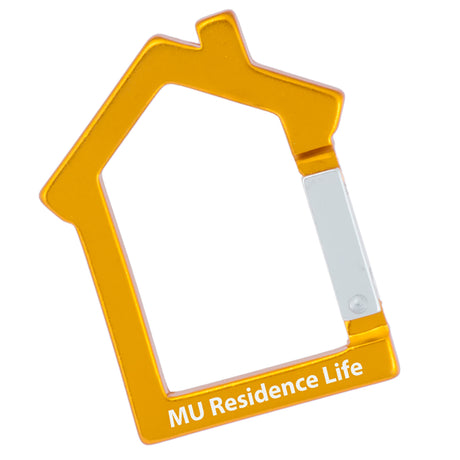 Gold color house shaped carabiner with a customized engraving