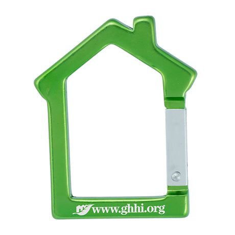 Green color house shaped carabiner with a customized engraving