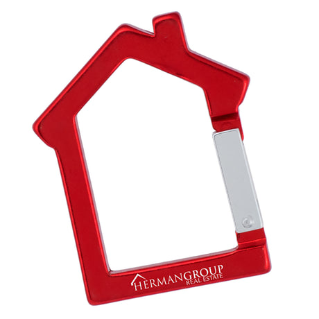 Red color house shaped carabiner with a customized engraving