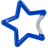 Blue colored carabiner shaped like a star with custom engraved text