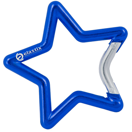 Blue colored carabiner shaped like a star with custom engraved text