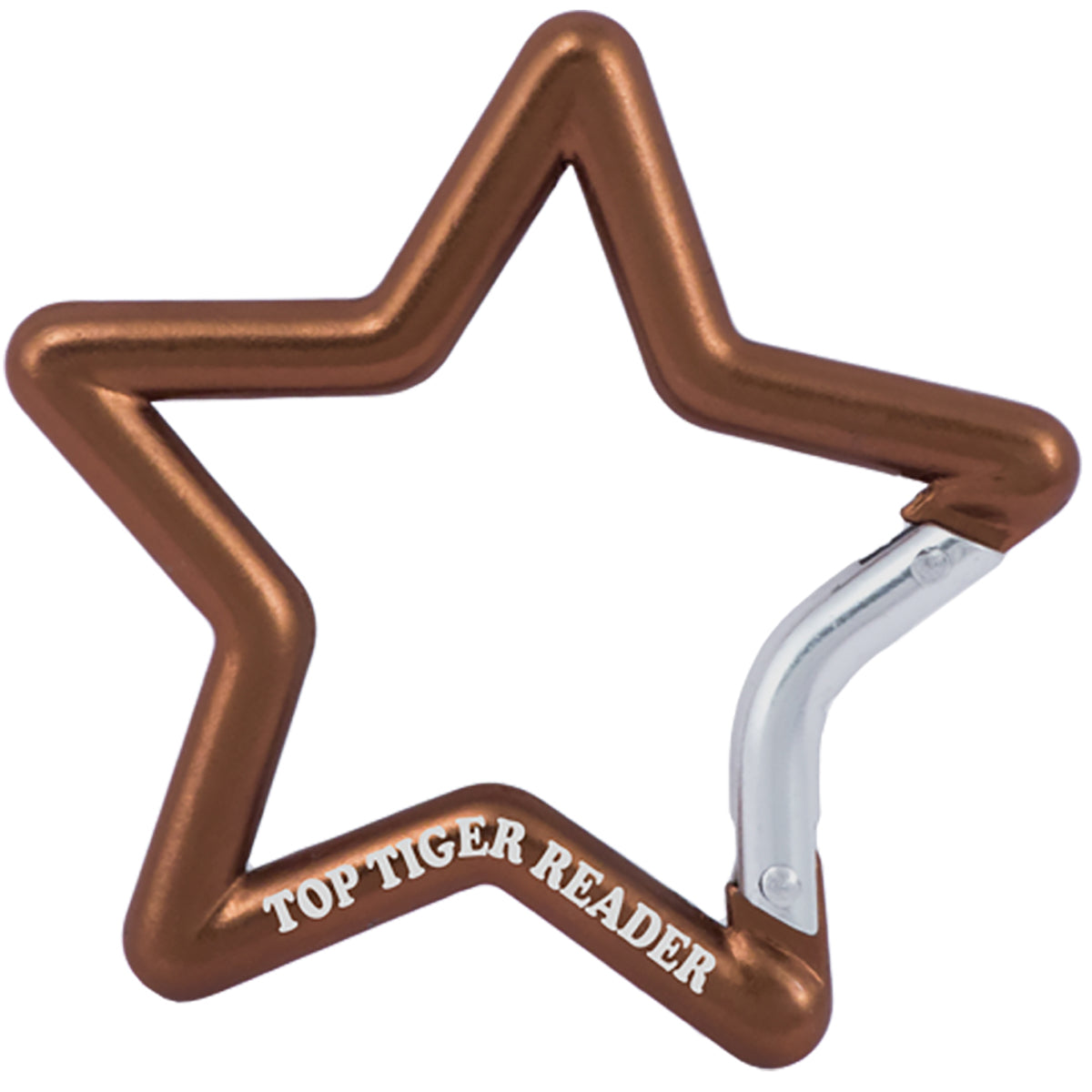 Bronze colored carabiner shaped like a star with custom engraved text