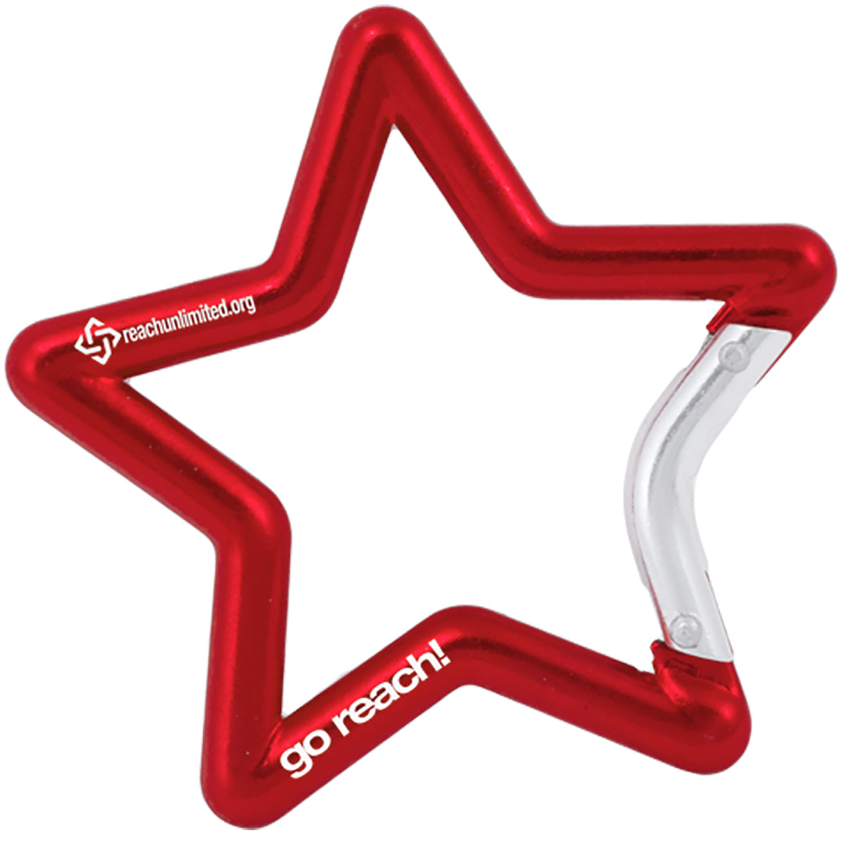 Red colored carabiner shaped like a star with custom engraved text