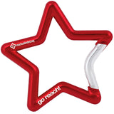 Red colored carabiner shaped like a star with custom engraved text