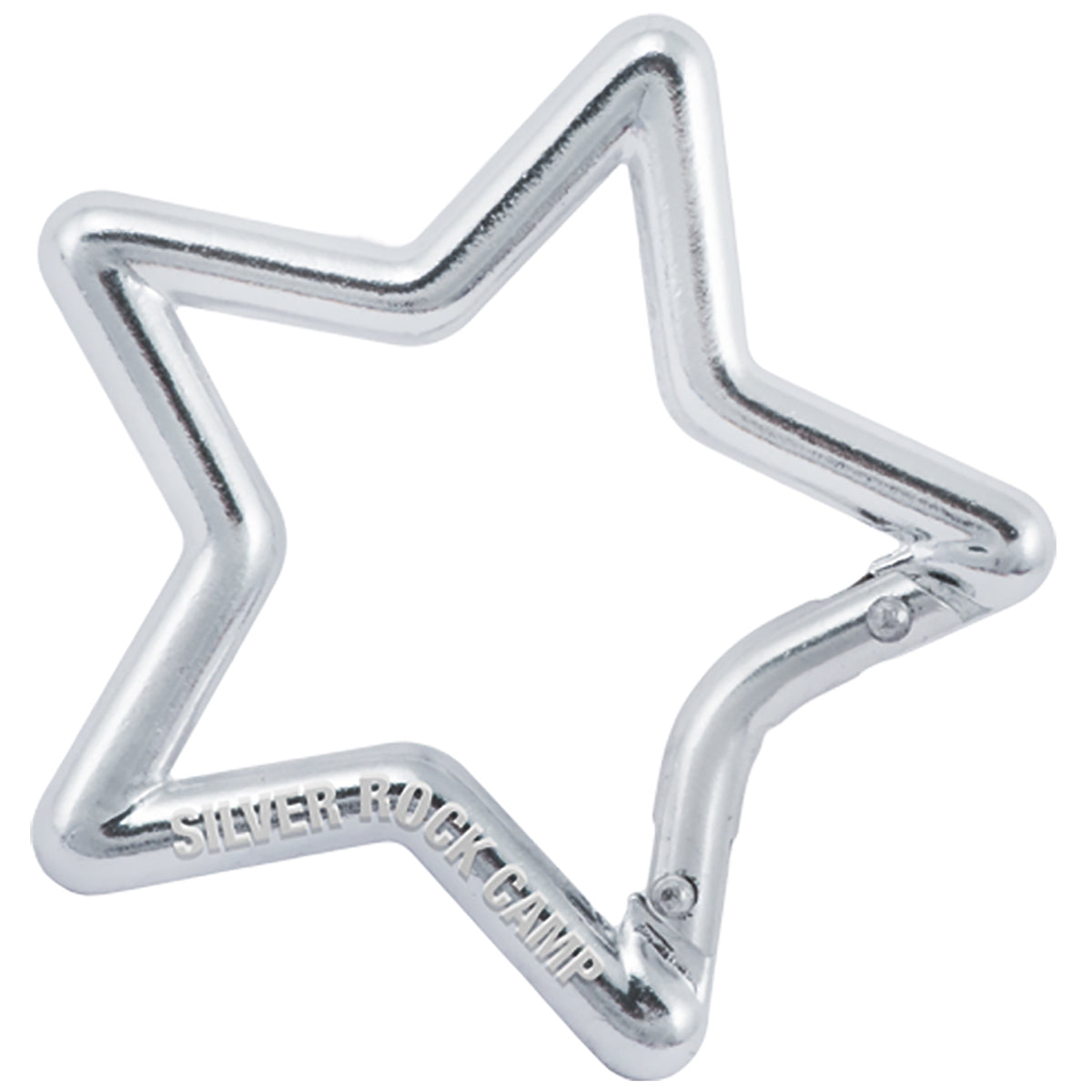 Silver colored carabiner shaped like a star with custom engraved text