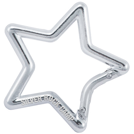 Silver colored carabiner shaped like a star with custom engraved text