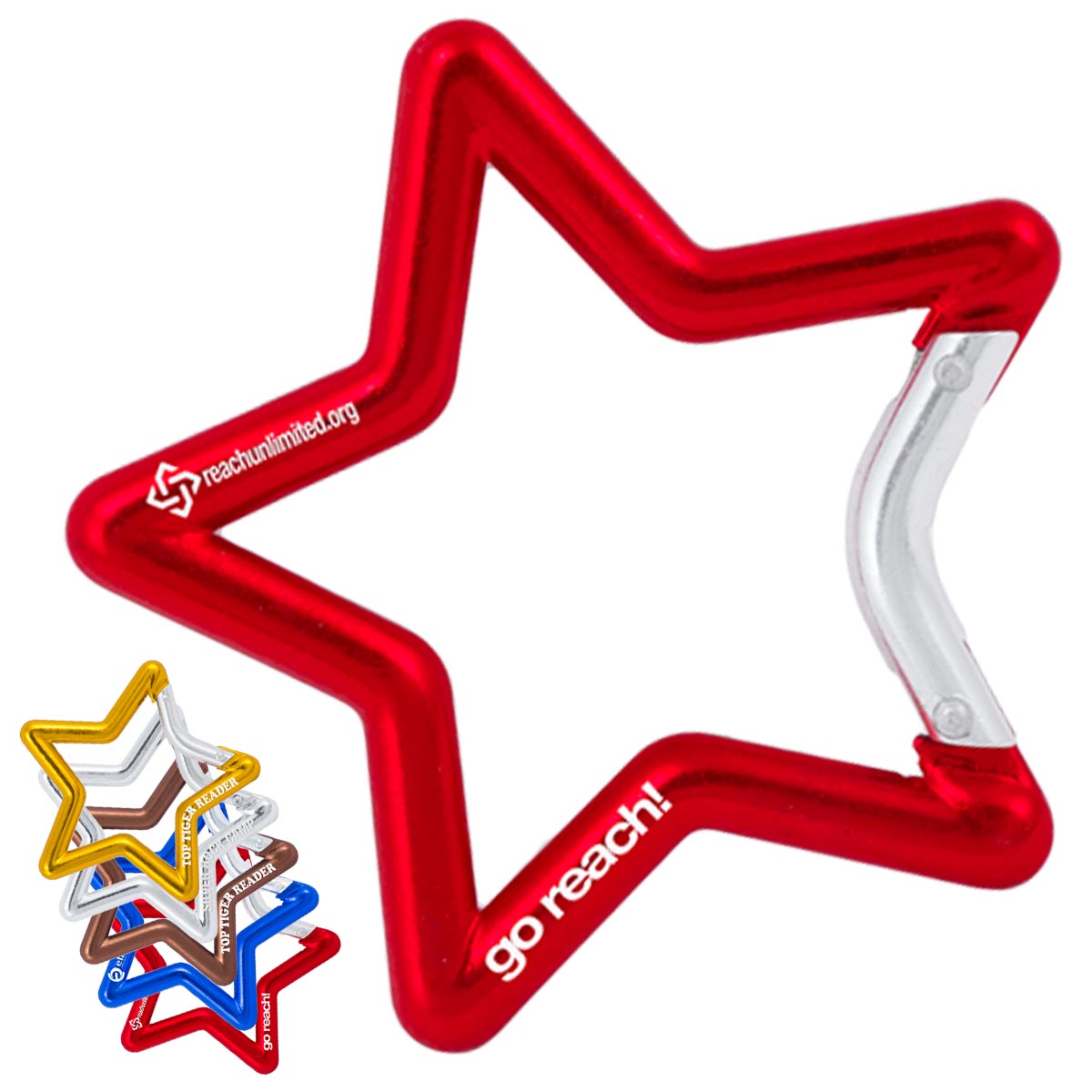 Custom engraved red star carabiner on a white background. In the lower left corner additional star carabiner colors are shown. Gold, silver, bronze, blue, and red.