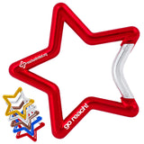 Custom engraved red star carabiner on a white background. In the lower left corner additional star carabiner colors are shown. Gold, silver, bronze, blue, and red.