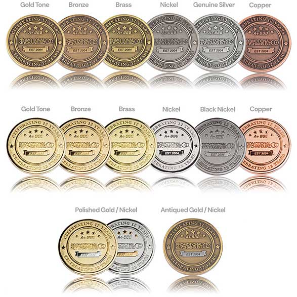 Collection of coins in various finishes including gold, bronze, brass, nickel, black nickel, and copper.