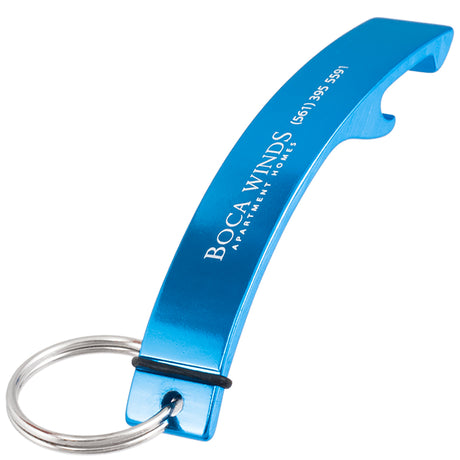 Brilliant blue colored Designer Logo bottle opener keychain with custom engraved text