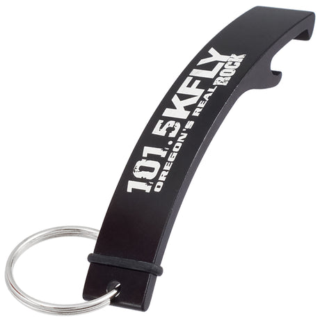 Black colored Designer Logo bottle opener keychain with custom engraved text