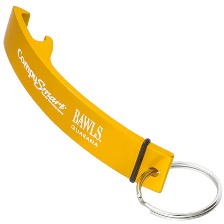 Gold colored Designer Logo bottle opener keychain with custom engraved text