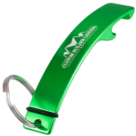 Green colored Designer Logo bottle opener keychain with custom engraved text
