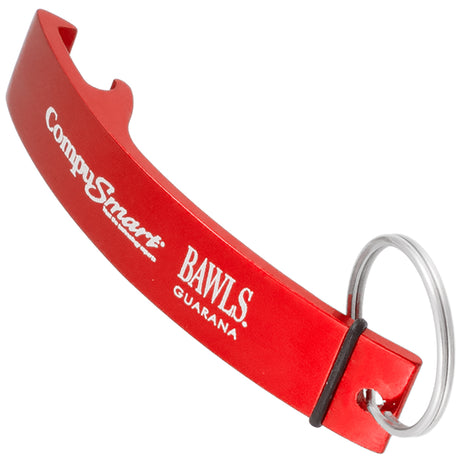 Red colored Designer Logo bottle opener keychain with custom engraved text
